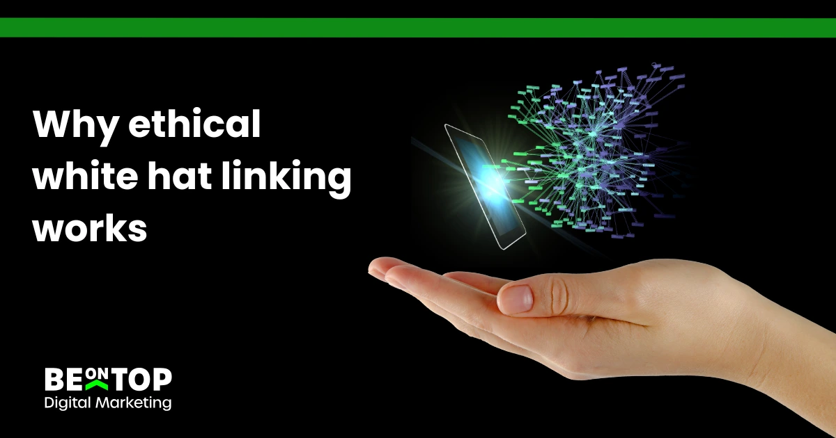 BeOnTop graphic with hand and smartphone emitting a web of links, promoting ethical white hat link building.