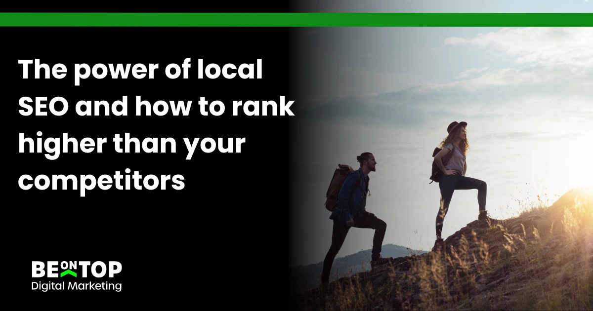 Two hikers climbing a mountain at sunrise, symbolizing local SEO success and outpacing competitors in search rankings.