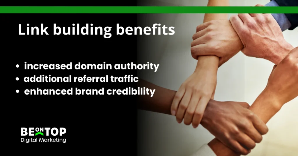 BeOnTop visual showing hands linked together beside a list of link building benefits for SEO.