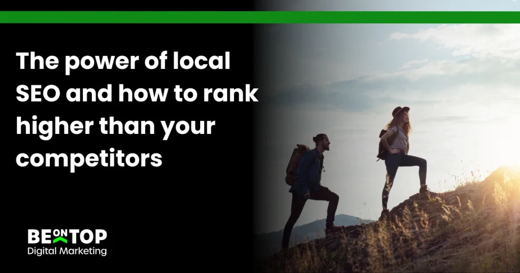 Two hikers climbing a mountain at sunrise, symbolizing local SEO success and outpacing competitors in search rankings.