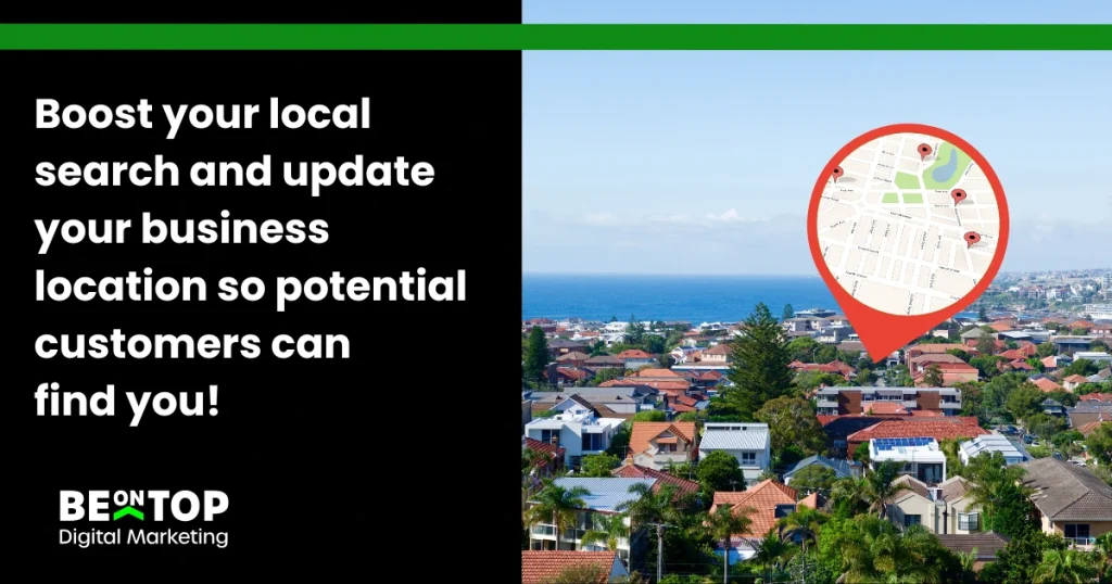 A suburb view with a digital map pin overlay, showing the importance of updating business locations for local SEO visibility.