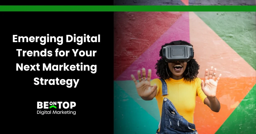 Woman wearing a virtual reality headset with her arms stretched outwards against a colorful background.